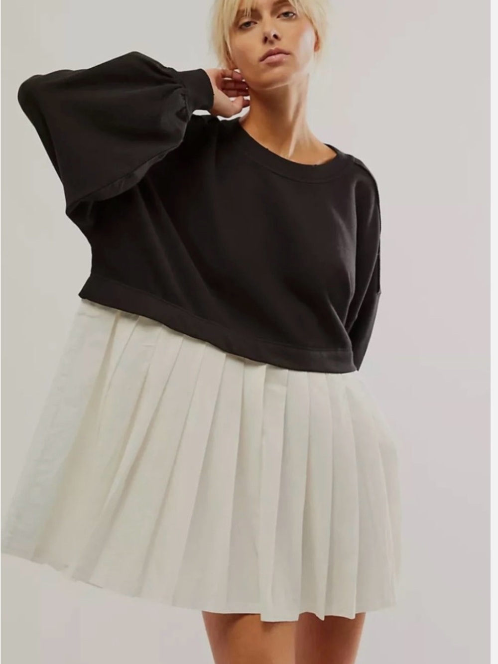 Black and White Pleated Sweatshirt Dress